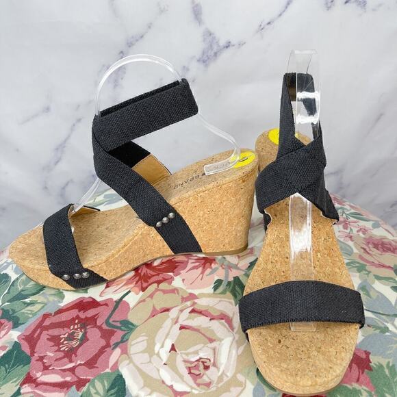 Lucky Brand | Maxyne Black Cork Wedge Sandals | 9 - Picture 1 of 13